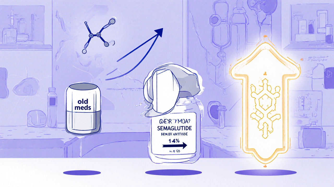 Evolution of weight loss medications from basic pills to advanced GLP-1 and triple agonist drugs with measurable health benefits.