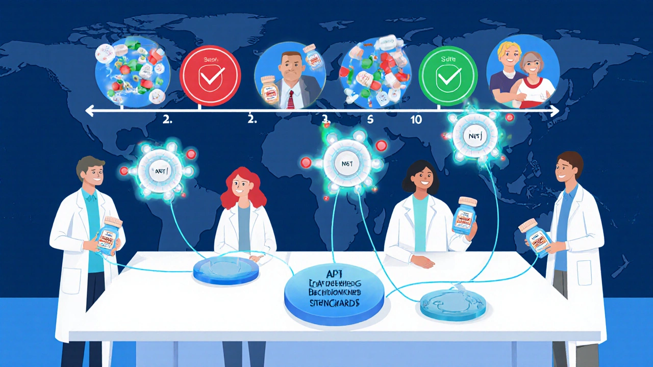 Global scientists connecting NTI drug standards with glowing data streams toward harmonized safety by 2026.