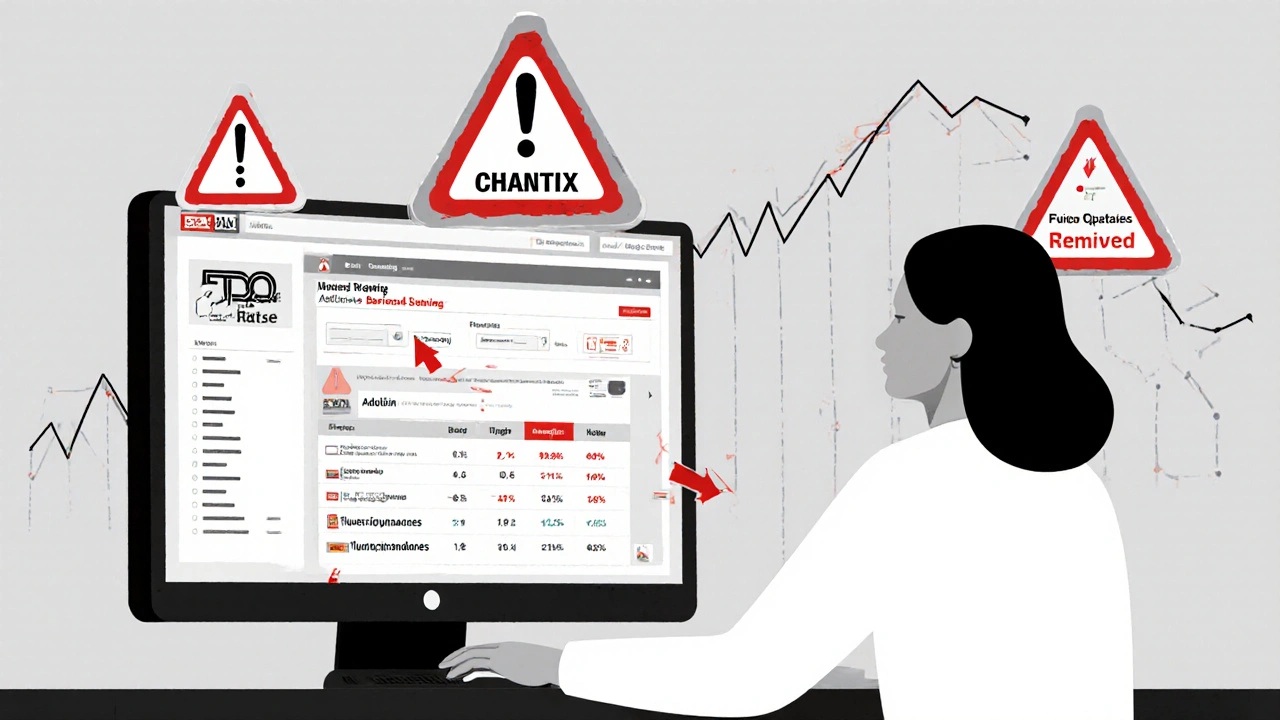 Healthcare provider reviewing FDA SrLC database with animated drug warning updates floating around screen.