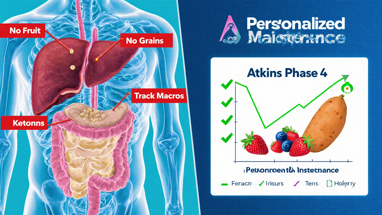 Human body illustration showing metabolic differences between strict keto and flexible Atkins phases.