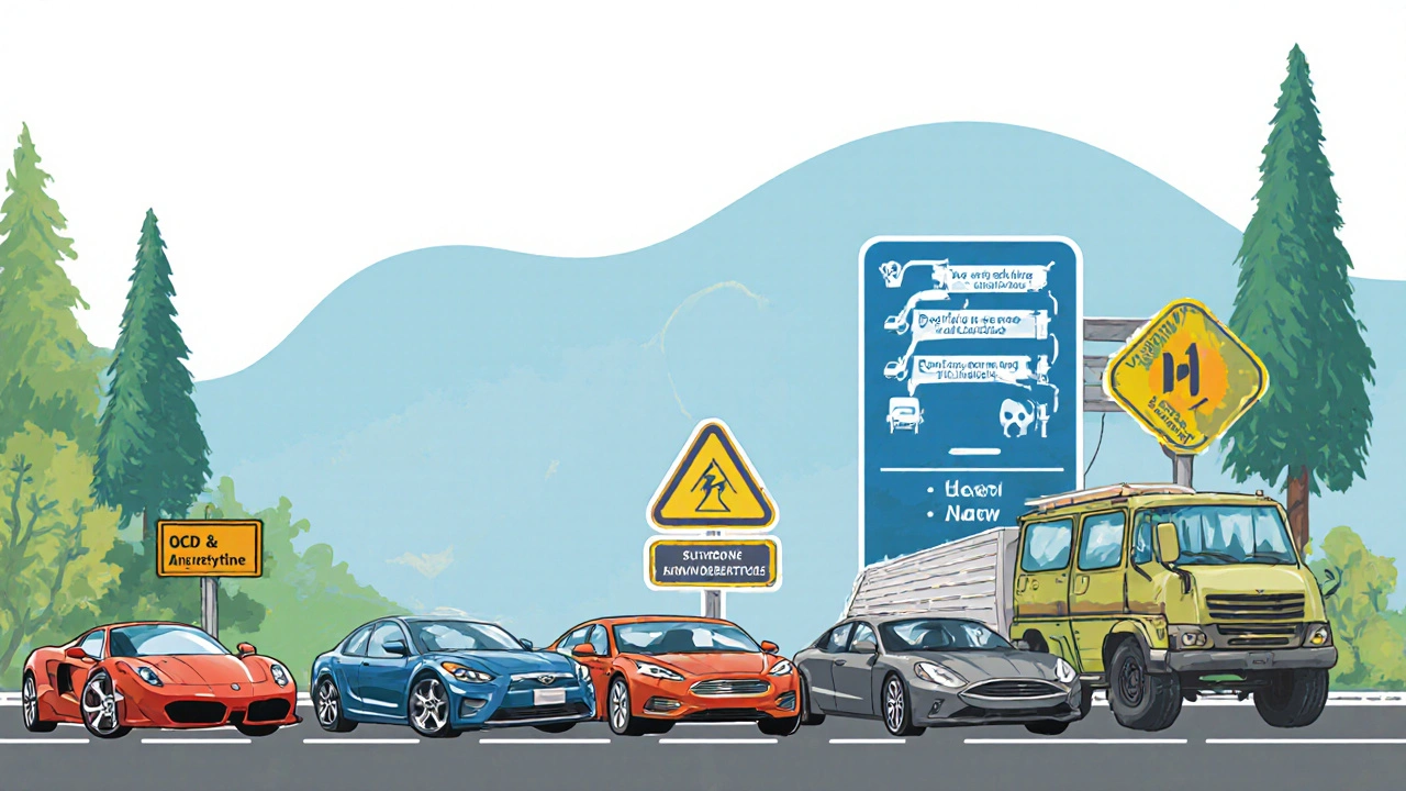 Illustrated comparison of six antidepressants as vehicles on a road, highlighting half-life and interaction differences.