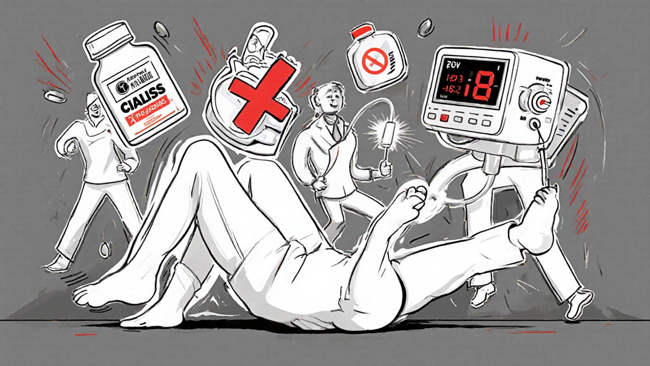 Medical scene of a man in Trendelenburg position during a drug interaction emergency with IV fluids and warning icons.