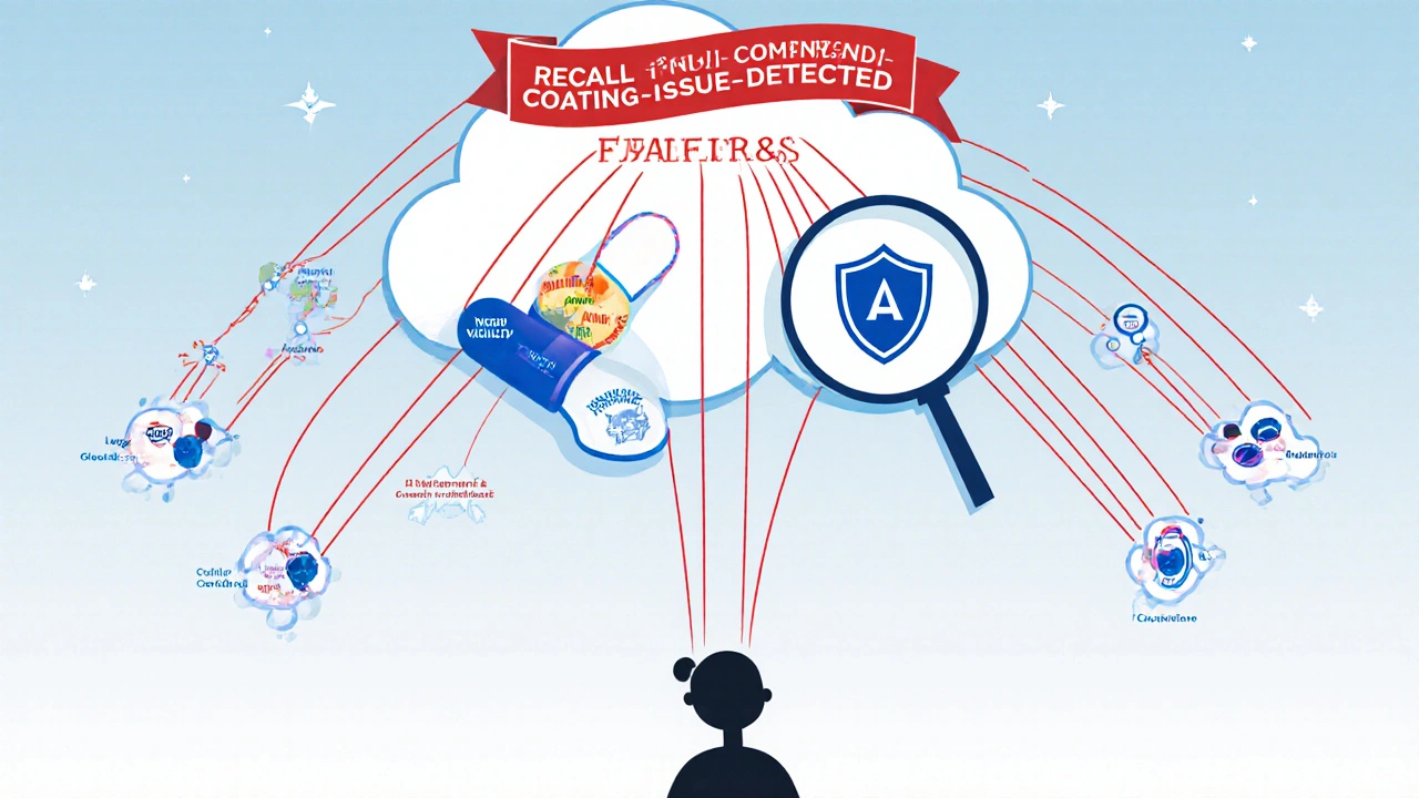 Network of pharmacists sending data to FDA database, with a recalled generic pill showing toxic coating.