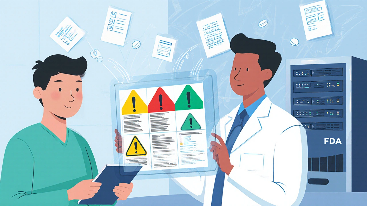 Patient and doctor viewing digital drug label transforming from black box to color-coded risk alert system.