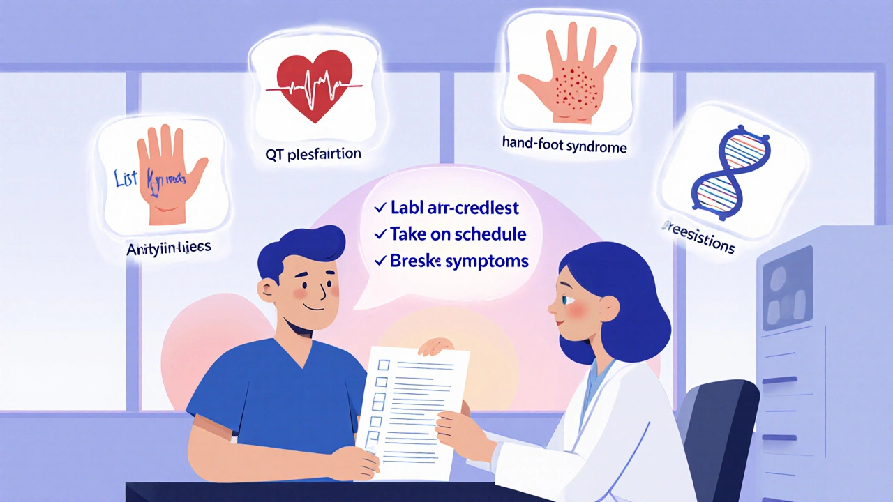 Patient and pharmacist reviewing medication list with interaction icons and safety checklist.