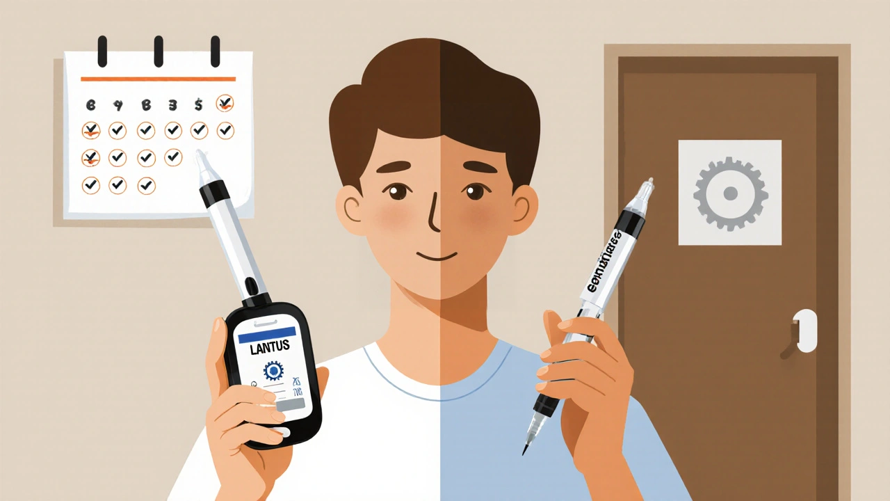 Patient holding insulin pen with visual comparison of brand-name and biosimilar devices.