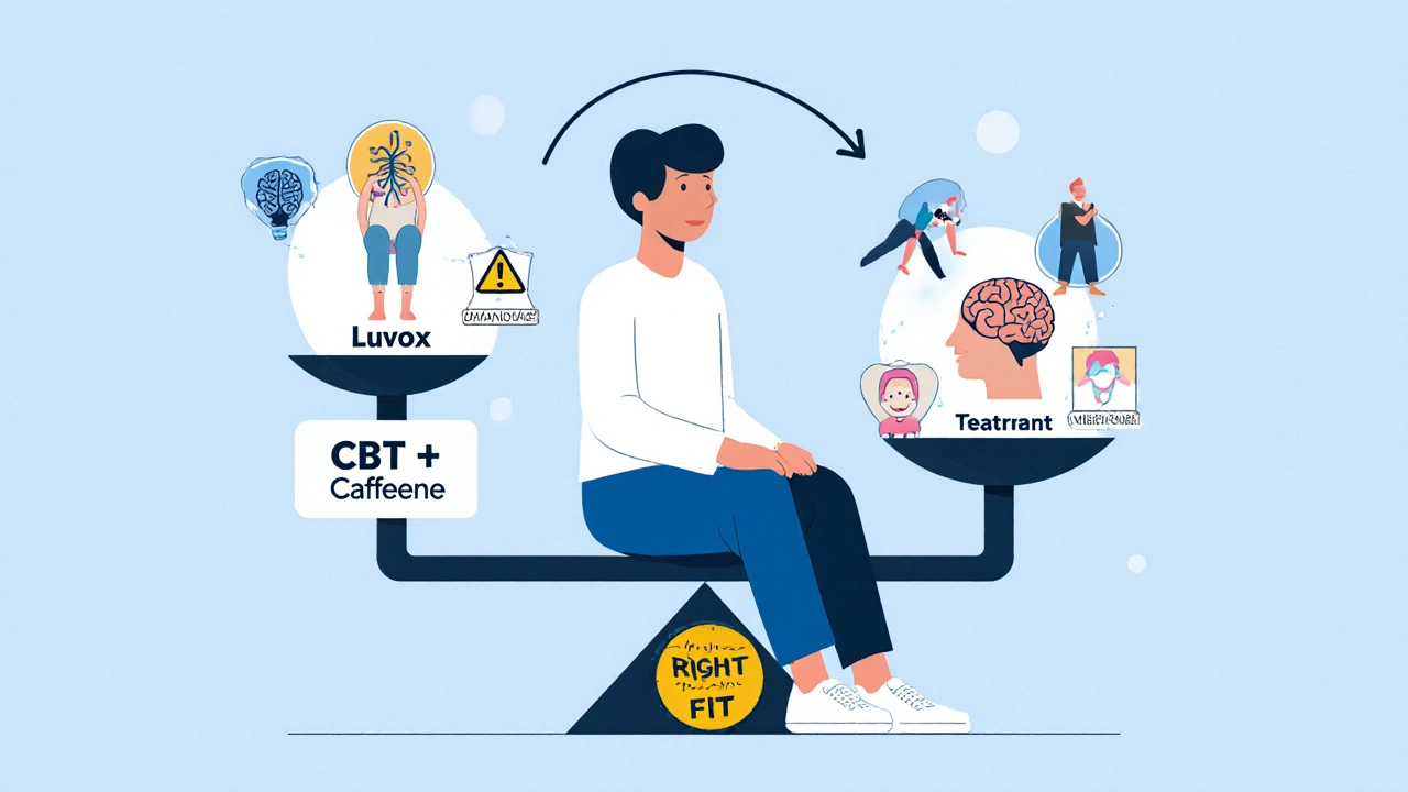 Patient on a scale balancing Luvox side effects against CBT and lifestyle therapy, emphasizing personalized treatment.