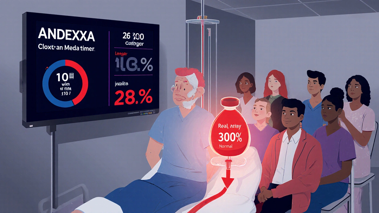 Patient receiving reversal agent in ER, with real-time clotting monitor and disparities in wait times shown in background.
