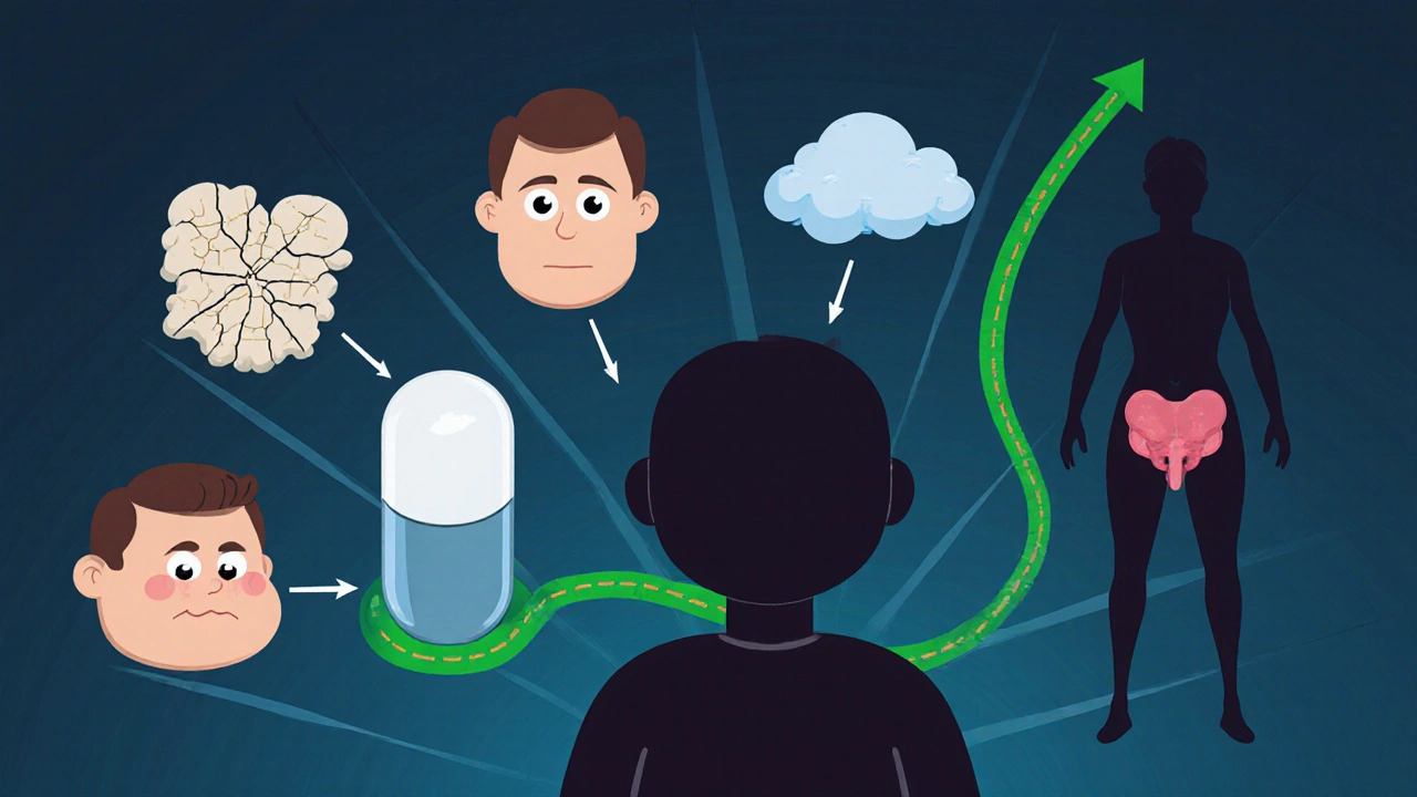 Patient with visible side effects of long-term steroid use, including bone loss, weight gain, and adrenal suppression.