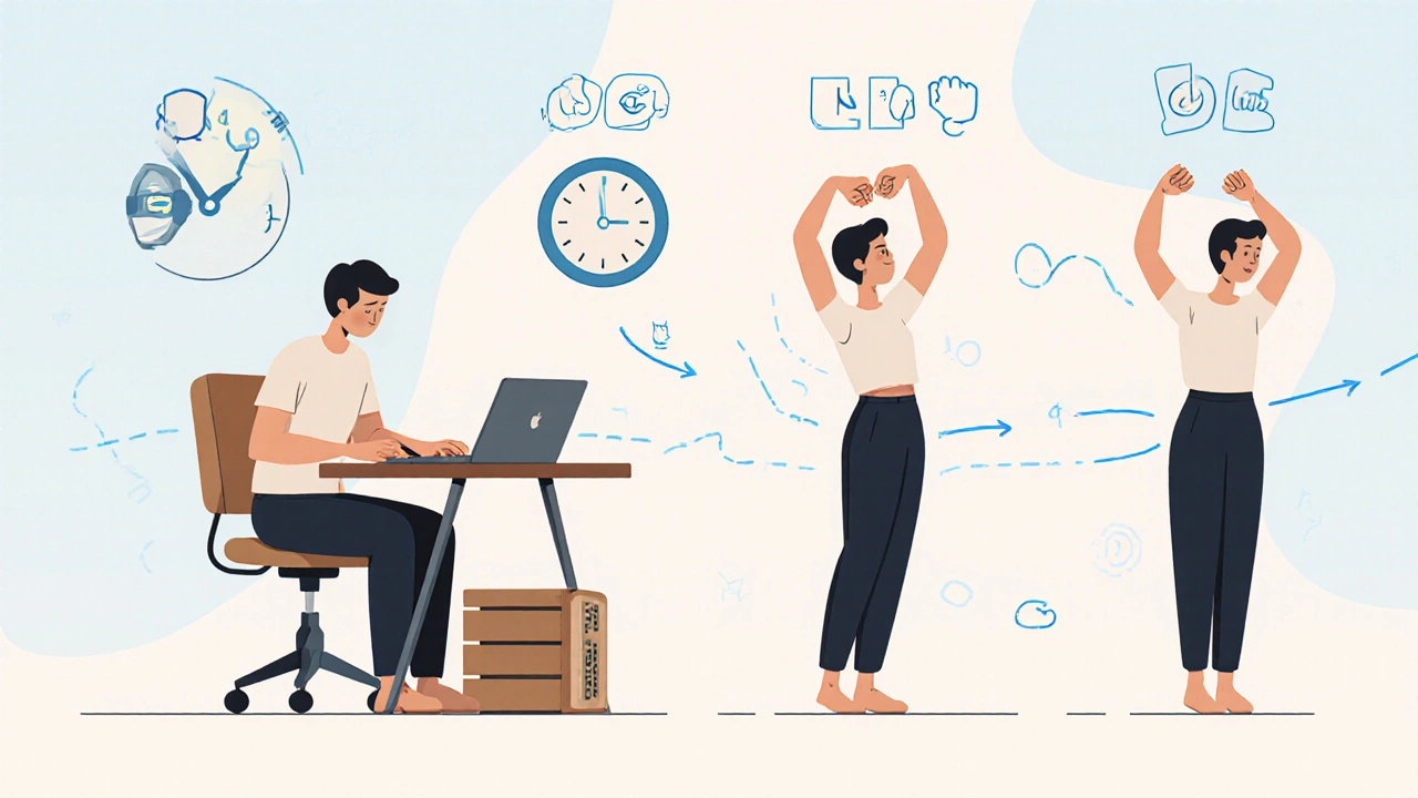 Person alternating sit-stand positions with microbreak stretches labeled by simple icons.