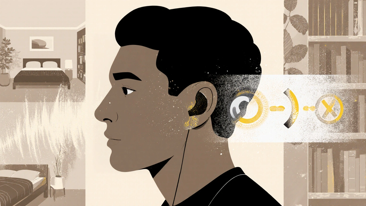 Person wearing sound generators with ambient noise blending into daily environments as brain learns to ignore tinnitus.