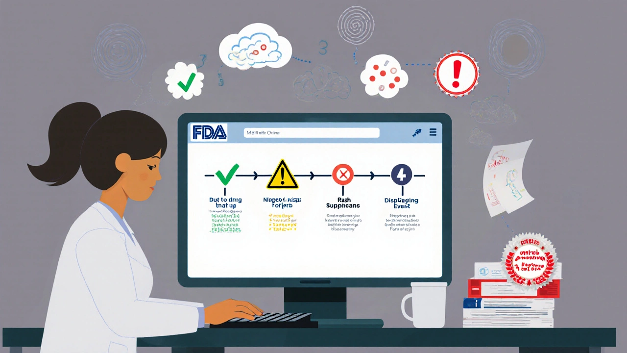 Pharmacist filing an adverse event report on computer, with symptom icons and timeline showing medication switch.