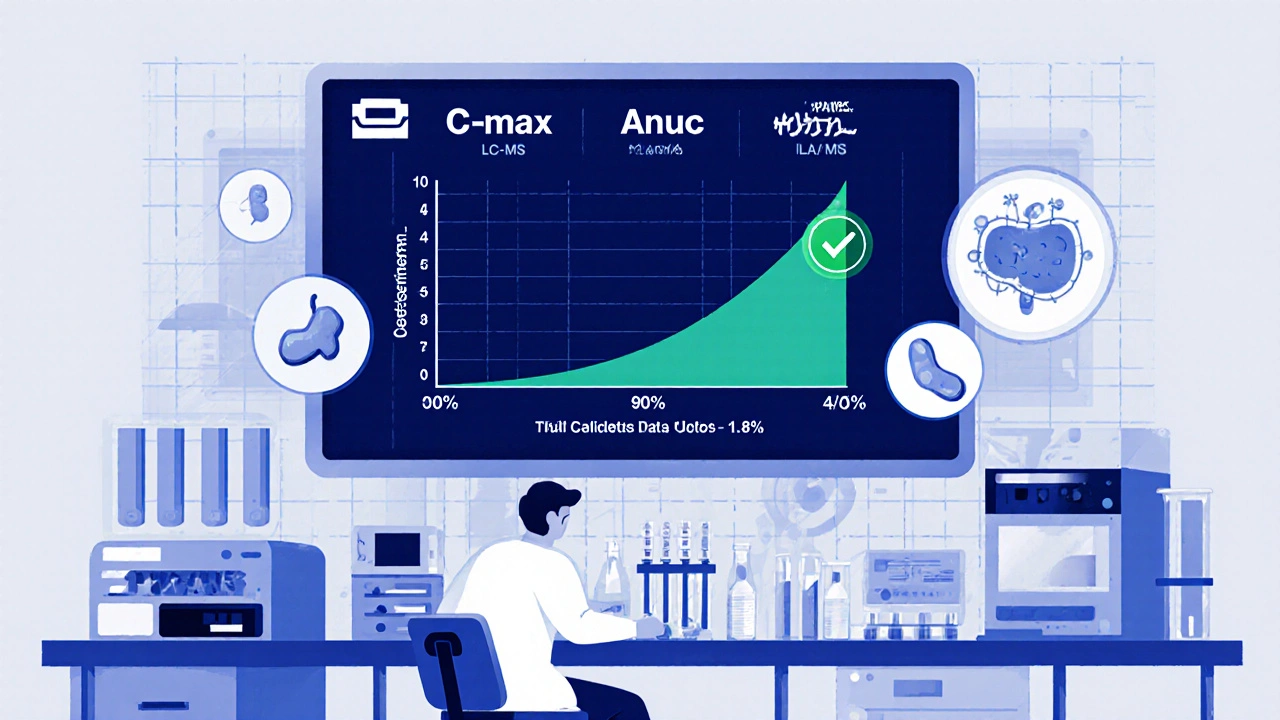 Scientists analyzing plasma samples with LC-MS/MS equipment, displaying Cmax and AUC data on a digital screen.