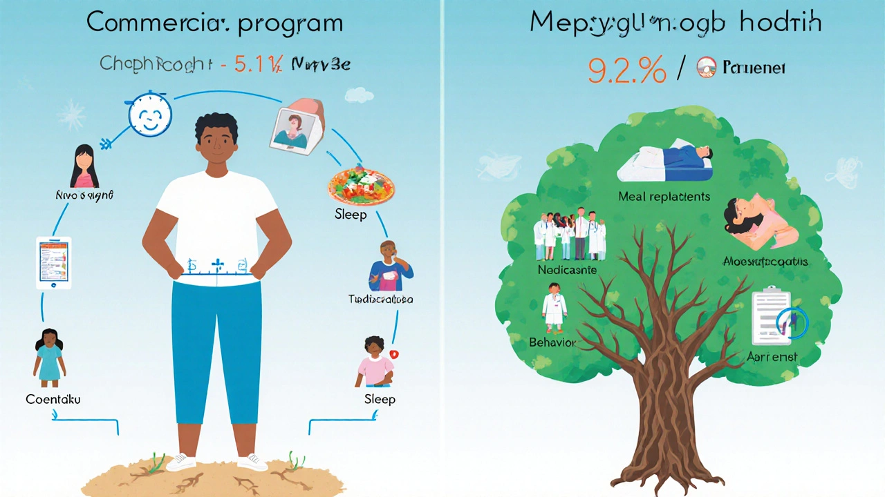 Side-by-side comparison of commercial vs. medical weight loss programs, showing greater health improvements with professional care.