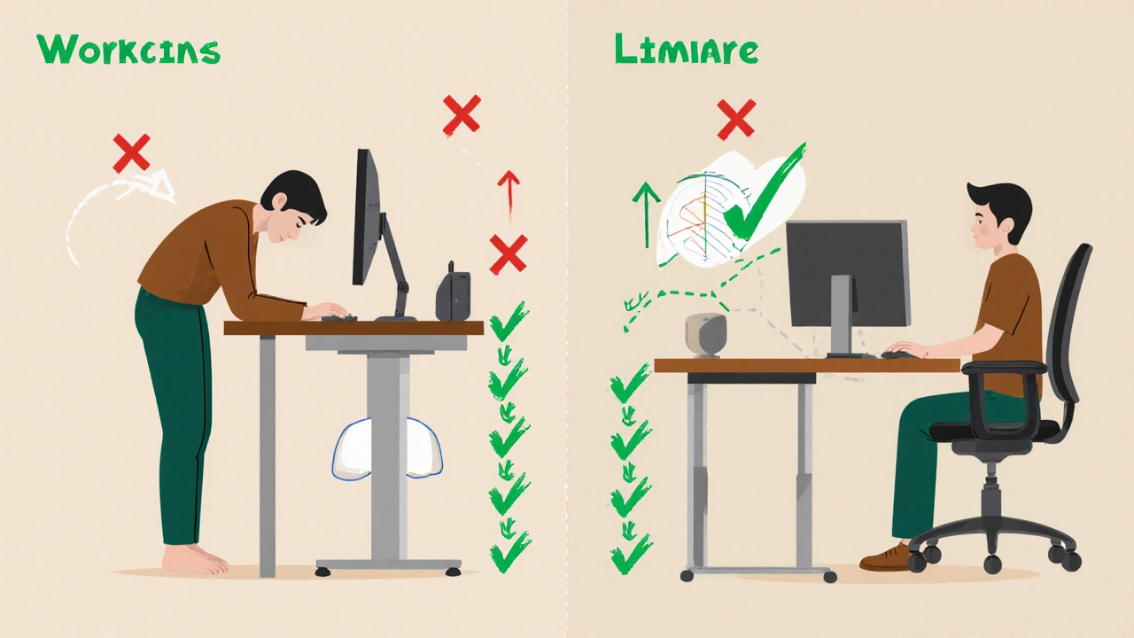 Side-by-side comparison of poor vs. ergonomic workstation setup with anatomical force arrows.