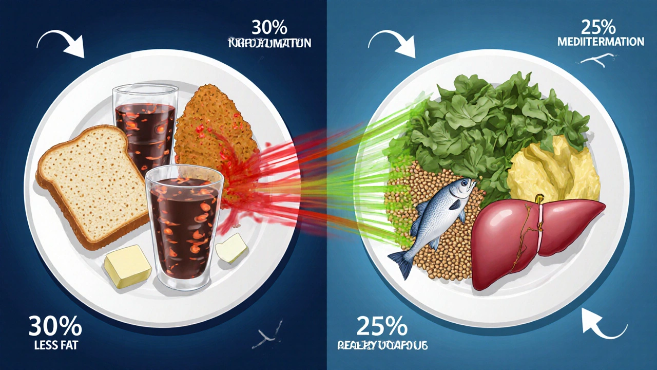 Side-by-side comparison of unhealthy vs Mediterranean diet effects on liver fat and inflammation