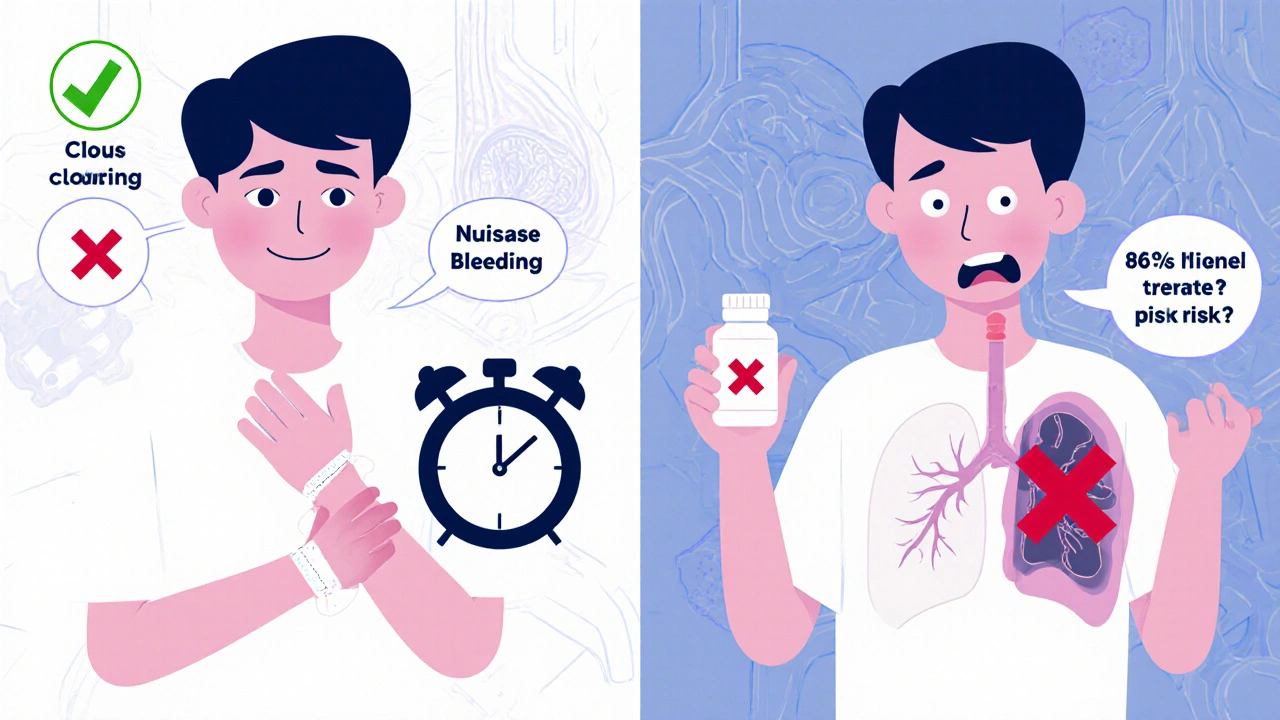 Side-by-side illustration: one side shows safe bleeding management, the other shows stroke risk from stopping blood thinners.