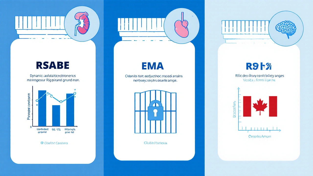 Side-by-side technical comparison of FDA, EMA, and Health Canada bioequivalence standards for NTI drugs.
