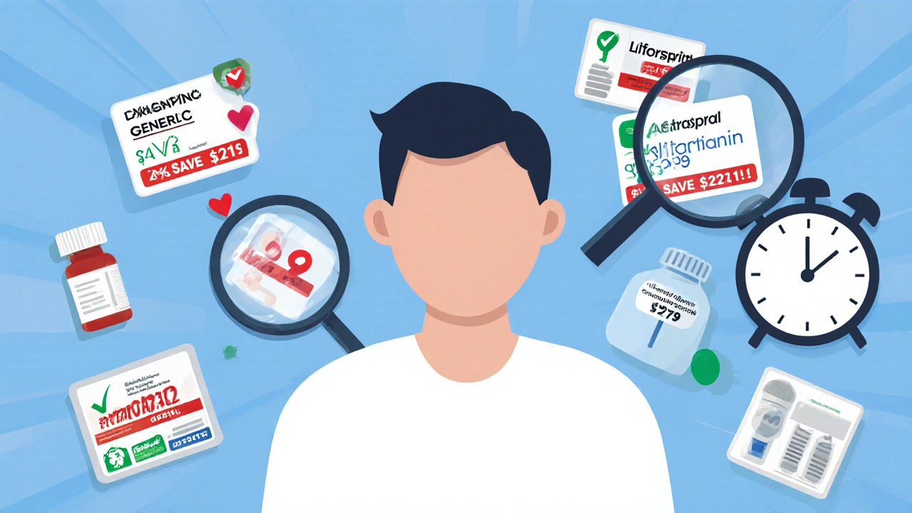 Six medications with price tags and checkmarks, showing varying savings from DTC pharmacies versus insurance.