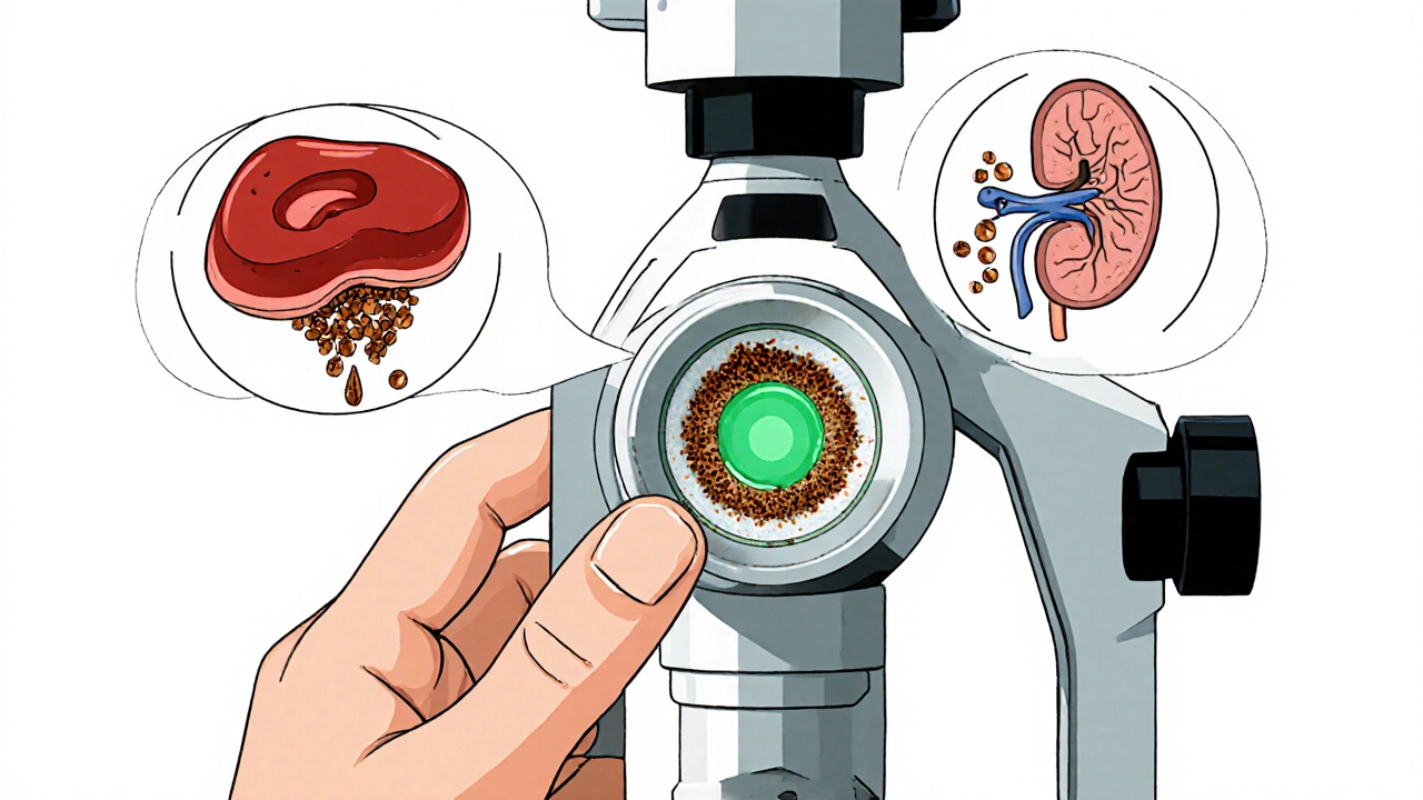 Slit-lamp view showing rusty-brown Kayser-Fleischer rings in the cornea