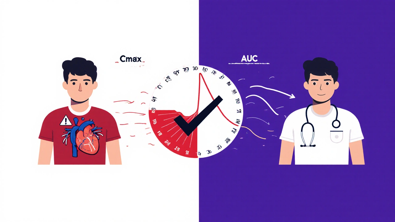 Split illustration showing danger from high Cmax versus safety when Cmax and AUC are within approved range.