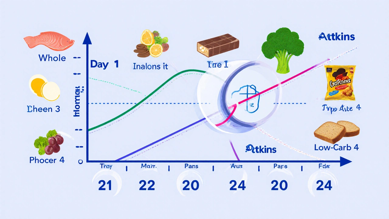 Timeline chart comparing weight loss curves of keto and Atkins diets over two years with food icons.