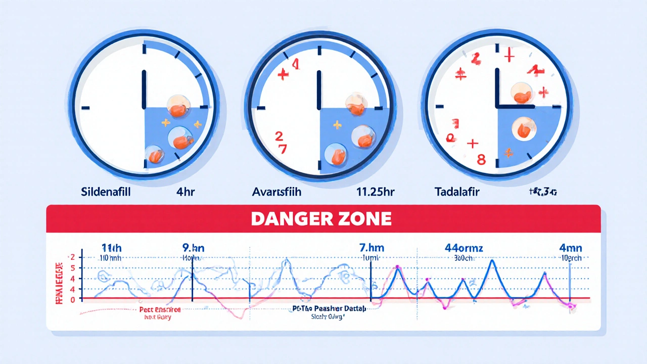 Timeline comparison of PDE5 inhibitor half-lives and their overlap with nitrate use, highlighting danger zones.