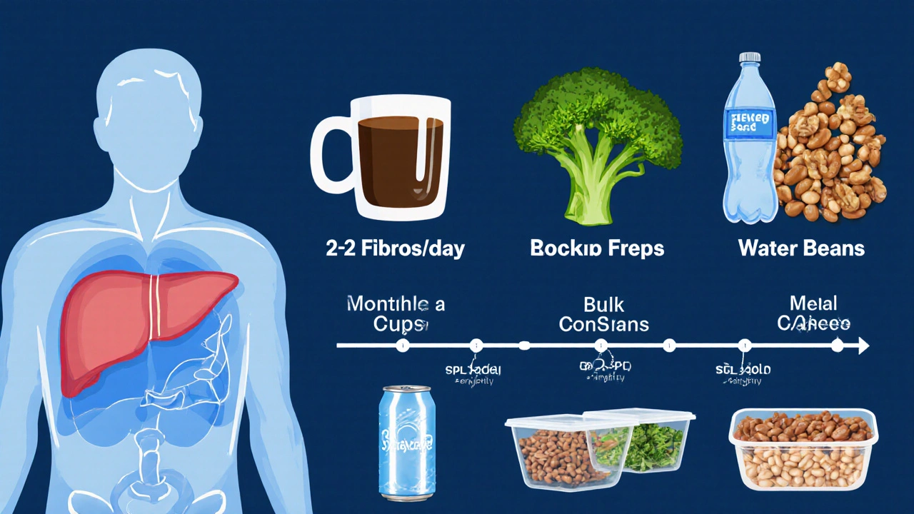 Transparent human torso showing liver improved by healthy foods, coffee, walnuts, and meal prep habits