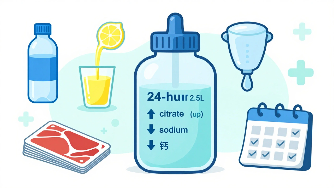 24-hour urine bottle with metabolic metrics and daily habit icons illustrating kidney stone prevention.