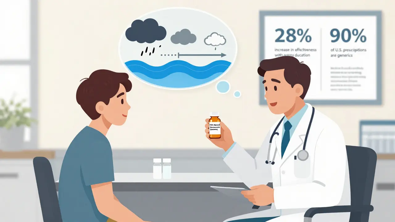 A patient and doctor discussing a prescription bottle with an FDA-approved equivalent label, as thought bubbles show shifting emotions.