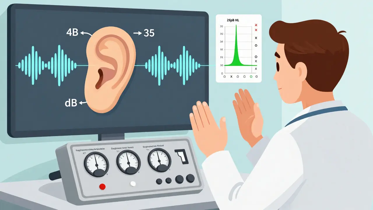 Audiologist using Hughson-Westlake method to find hearing thresholds with decibel adjustments