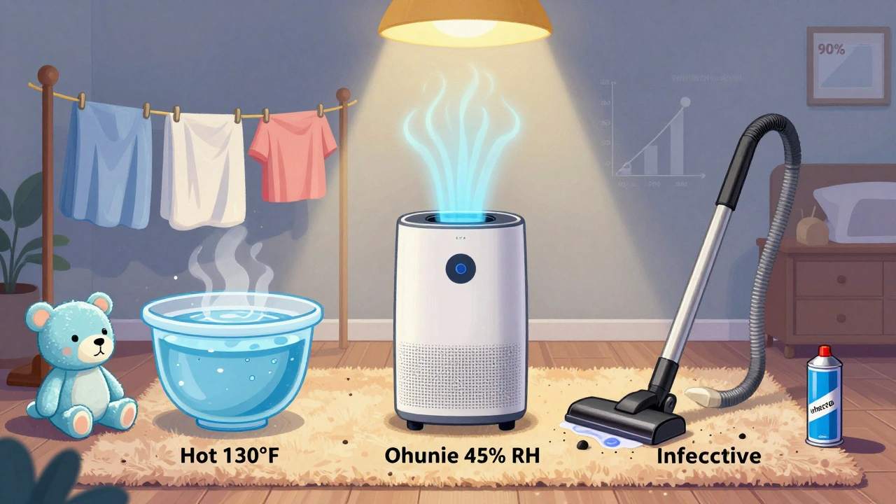 Bedroom scene illustrating the three key dust mite control methods: hot washing, dehumidification, and HEPA vacuuming.