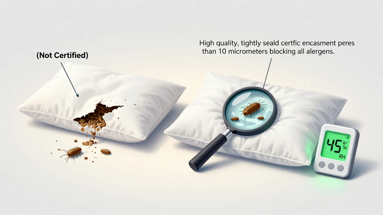 Comparison of certified vs. non-certified pillow encasements showing allergen blockage with a hygrometer reading 45% RH.