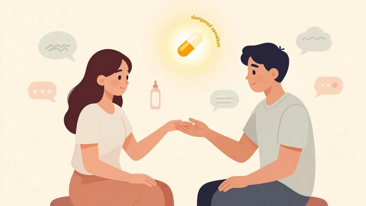 Couple practicing non-goal-oriented touch therapy while a faint SSRI pill hovers above, symbolizing managed side effects.