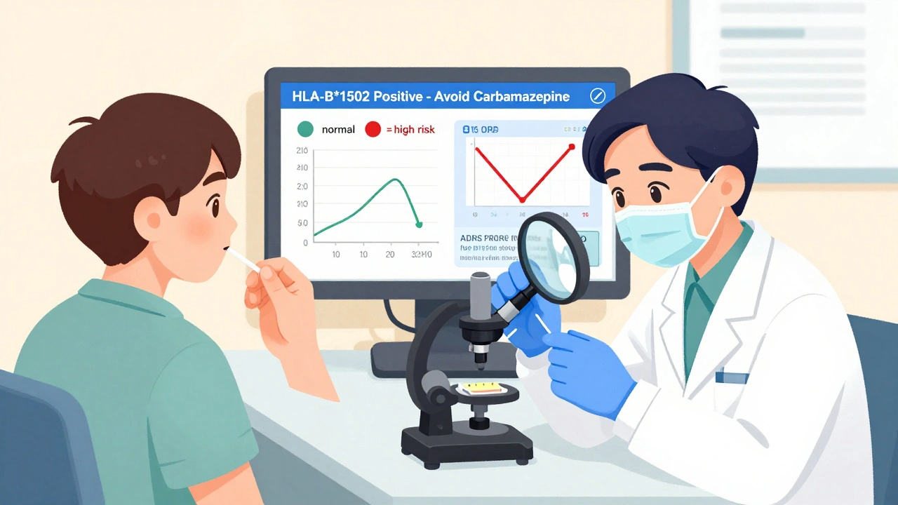 Doctor taking a cheek swab while a digital record shows genetic alerts for safe medication choices.