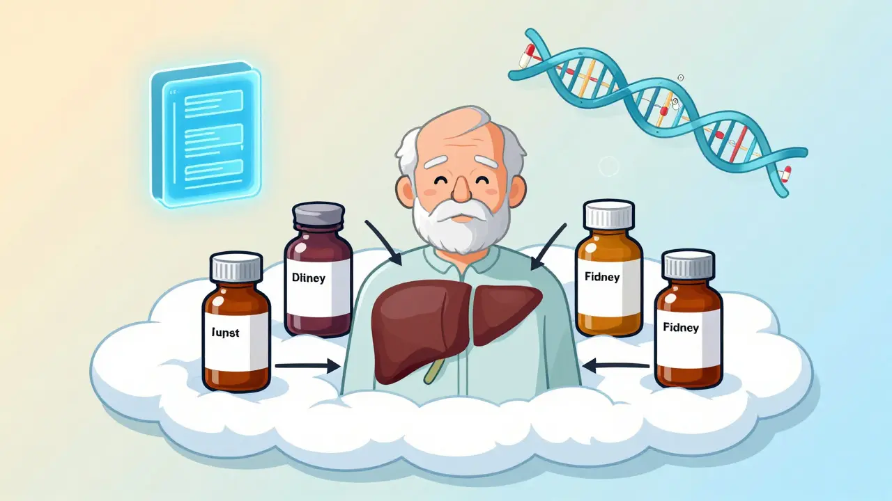 Elderly person surrounded by multiple pills, with icons showing aging organs and AI analysis for medication safety.