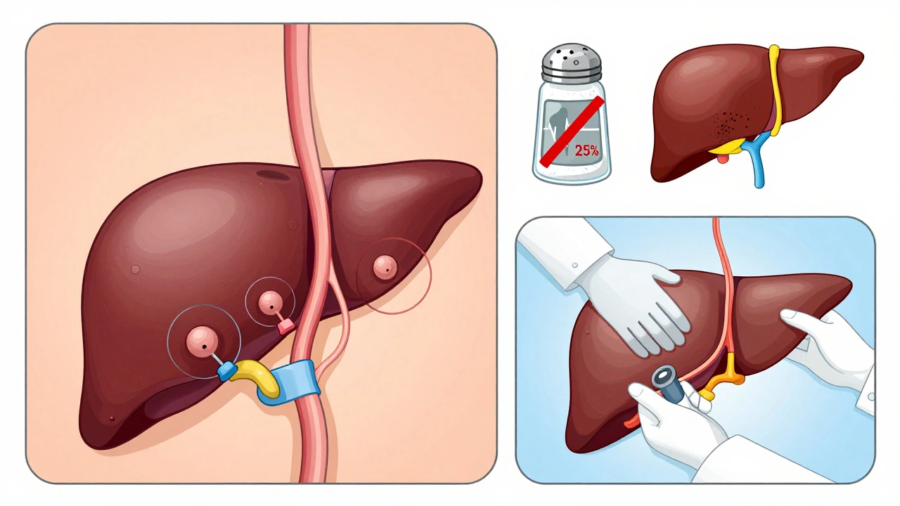 Endoscopic band ligation on esophageal varices and TIPS stent placement inside liver, with dietary and heart rate icons.