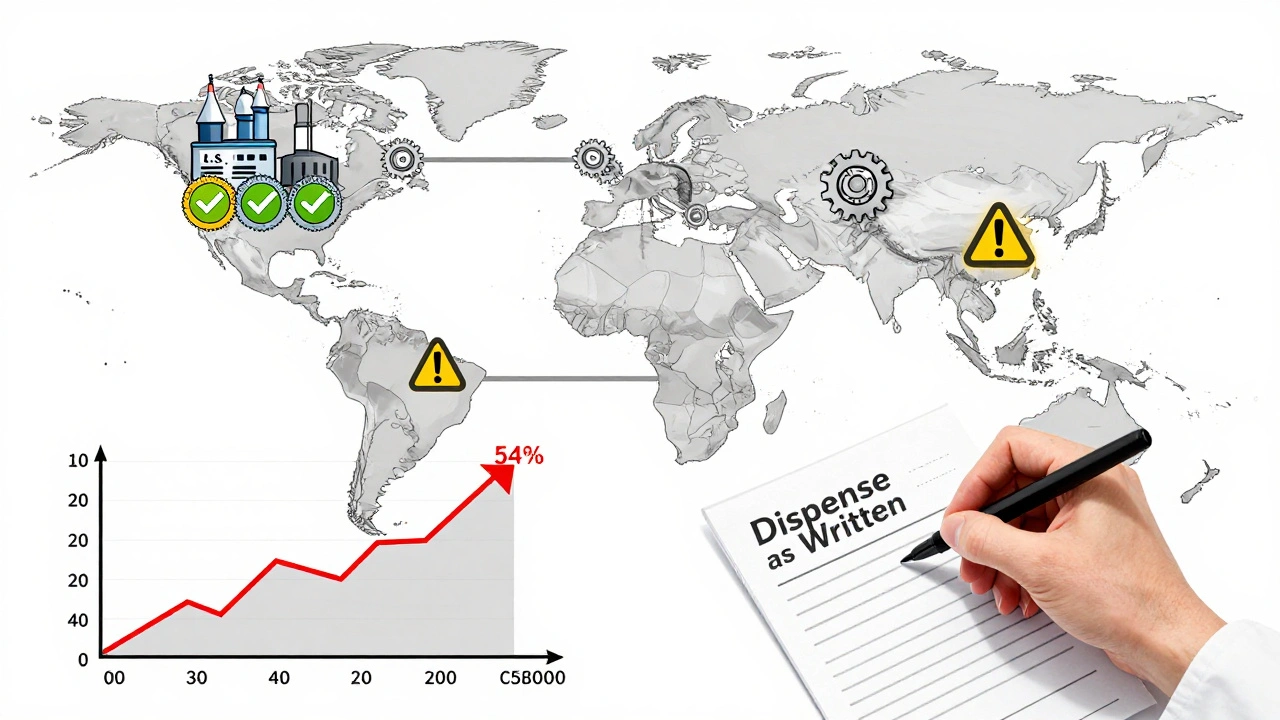 Global supply map comparing U.S. and overseas generic drug manufacturing with adverse event data.