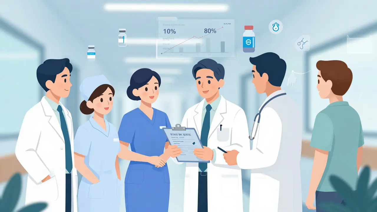 Healthcare team reviews biosimilar adoption data on a dashboard, with state laws and batch tracking visible on patient chart.
