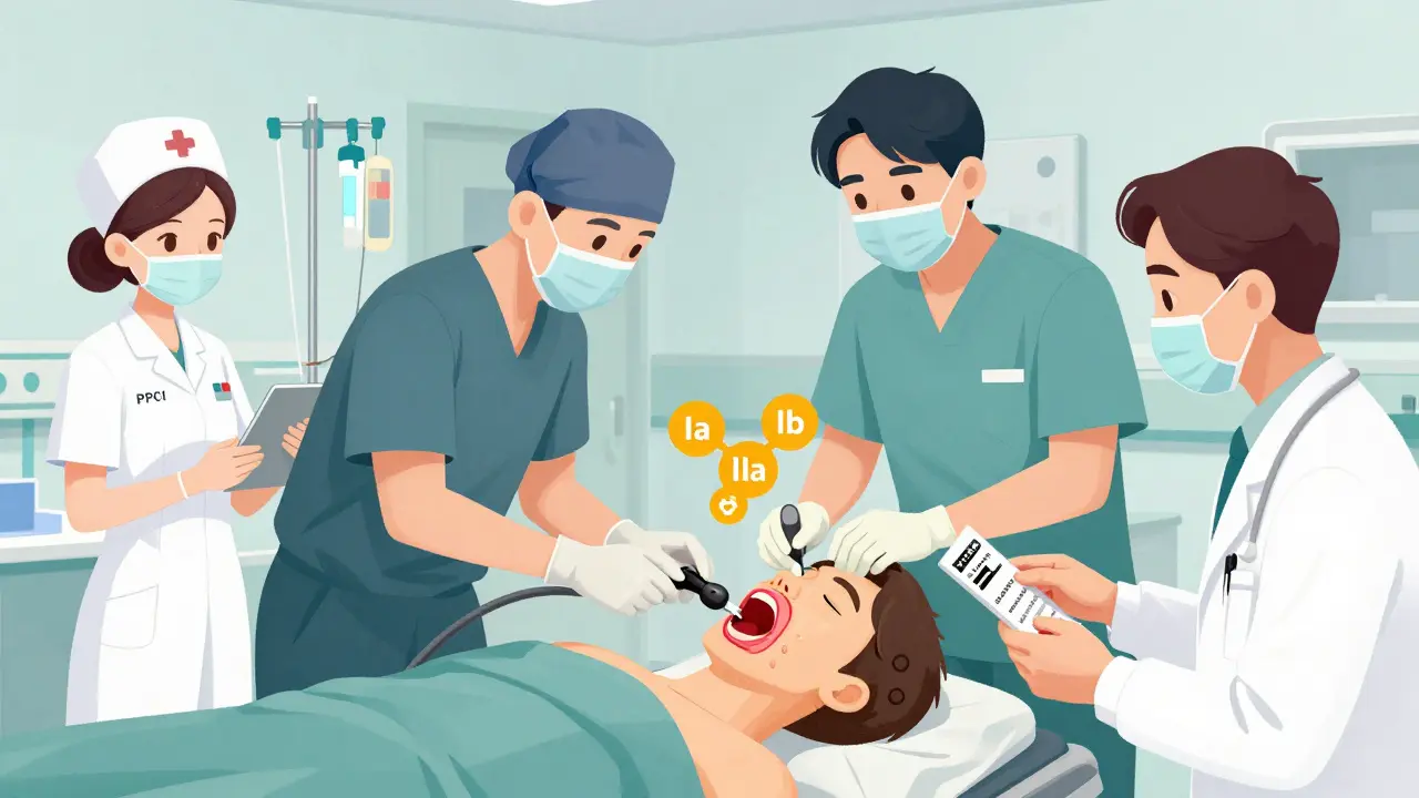 Medical team performing emergency endoscopy with Forrest classification labels and Glasgow-Blatchford score displayed.