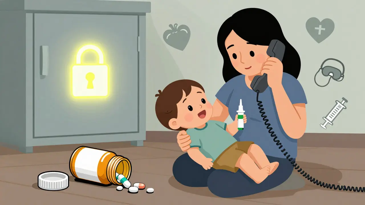 Mother administering naloxone to an unresponsive child while calling poison control.