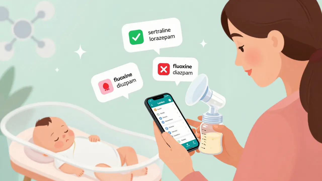 Mother using LactMed app with safe and unsafe medication icons, baby sleeping nearby, breast pump in hand.