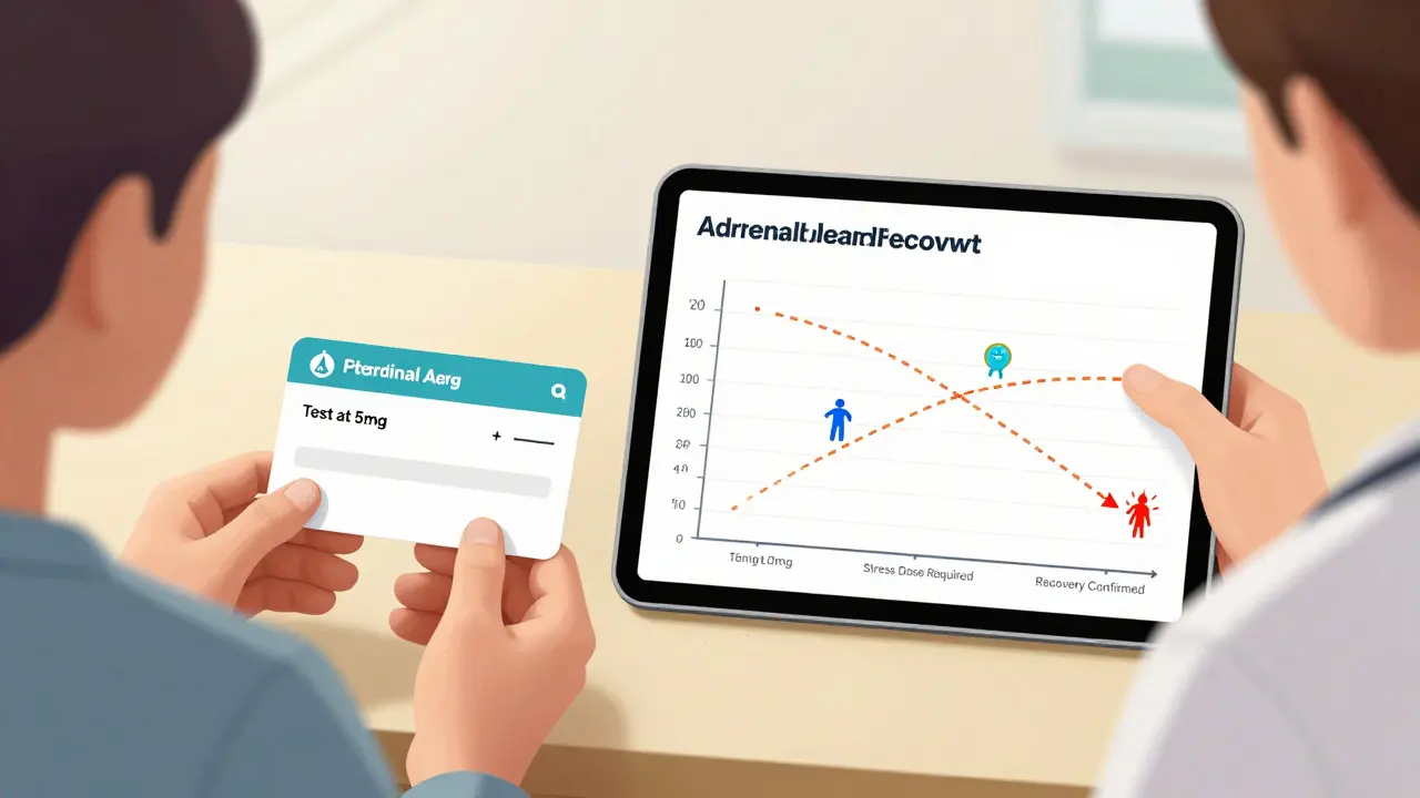 Patient and doctor reviewing adrenal recovery timeline with stress-dose triggers and tapering doses.