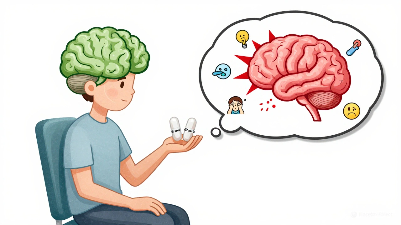 Patient with thought bubble contrasting calm brain vs symptoms due to nocebo effect from generic switch.