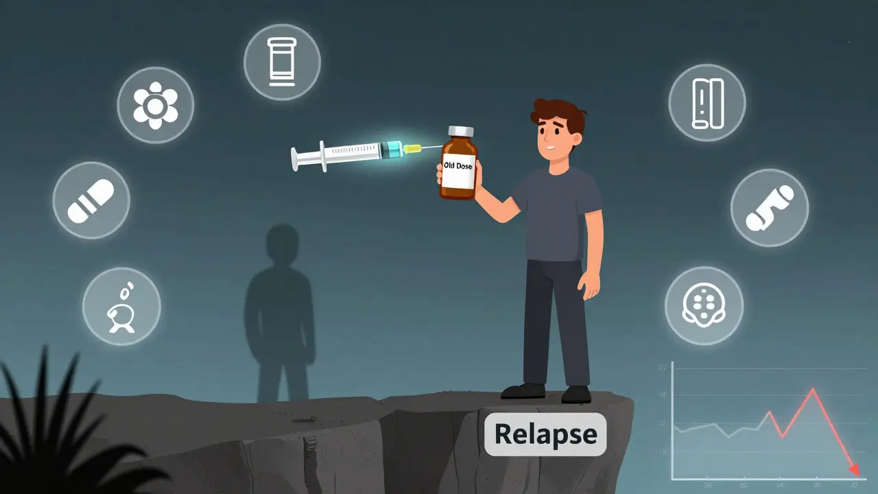 Person at risk of relapse with naloxone syringe ready to save them.