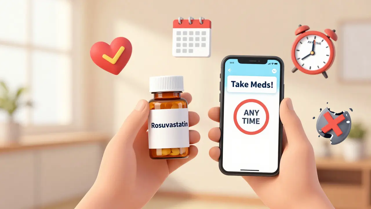 Person taking a morning statin dose with a phone reminder, symbolizing adherence over timing.
