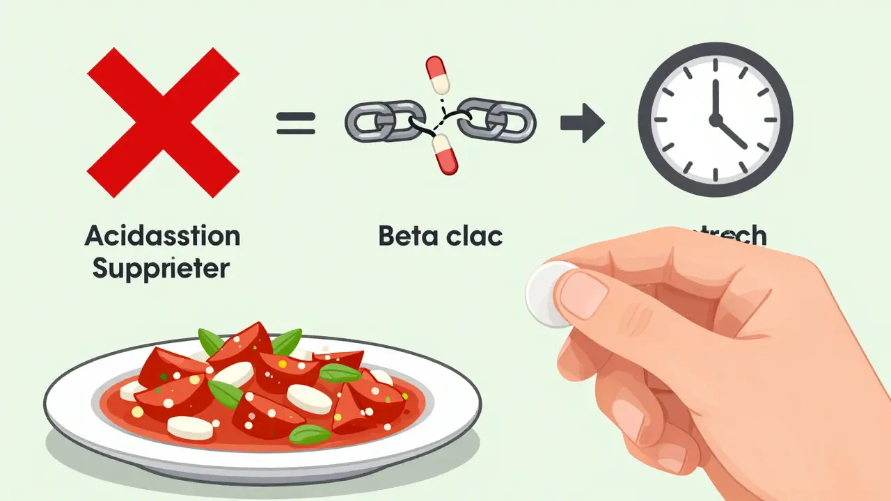 Person taking medications with spicy food, illustrating drug interactions and improper timing affecting heartburn.