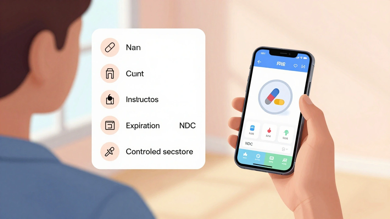 Person using phone to identify pill imprint alongside a floating checklist of seven prescription verification steps.