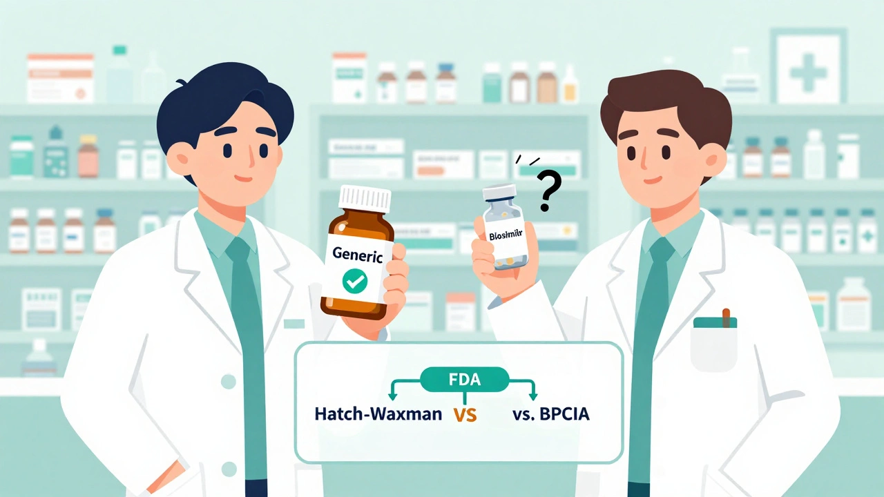 Pharmacist holding generic pill bottle with checkmark versus biosimilar vial requiring doctor&#039;s signature.