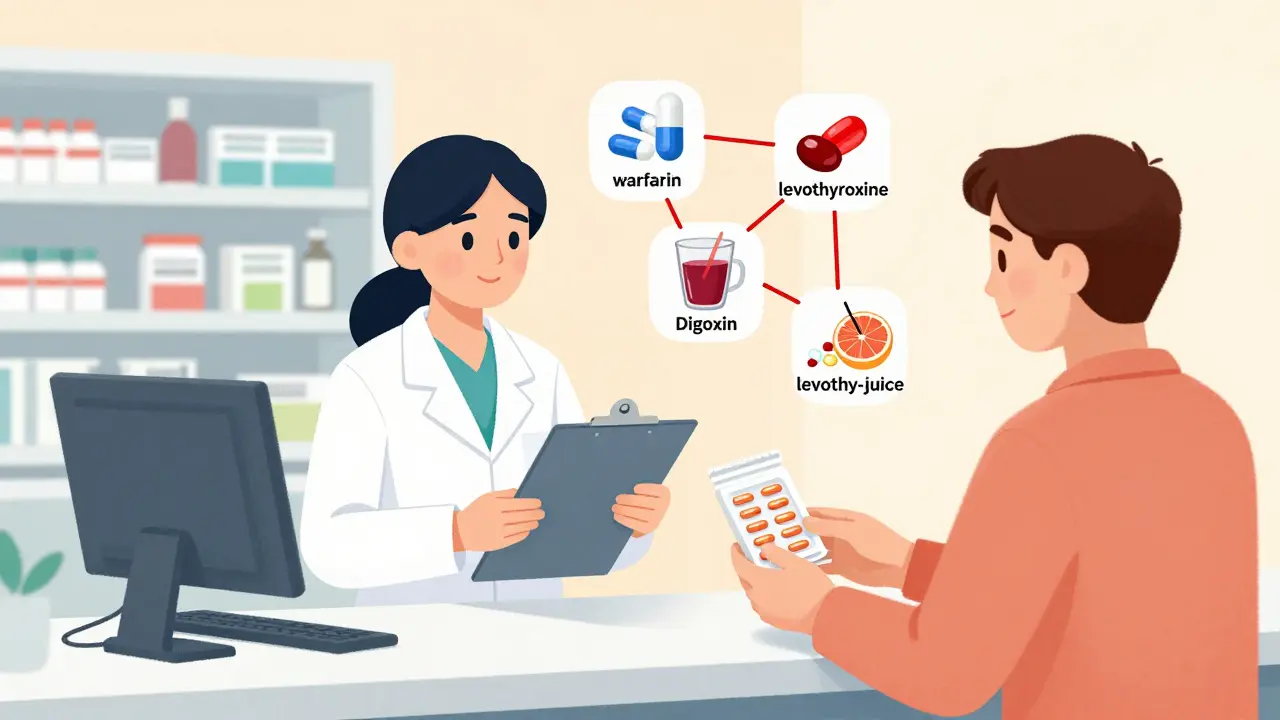 Pharmacist reviewing medications and supplements with a patient at a counter, highlighting dangerous drug combinations.